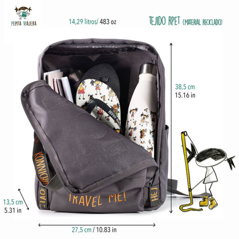 Pepita Viajera Σακίδιο Πλάτης Γκρι,Moodlife Travel Collection -Greetings Collection, 38,5Χ27,5Χ13,5εκ