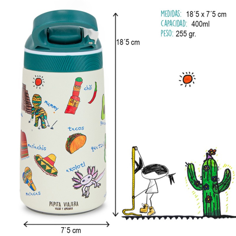 Pepita Viajera Μπουκάλι Ισοθερμικό με Καλαμάκι,Mexico Collection-Kids Collection, 400ml